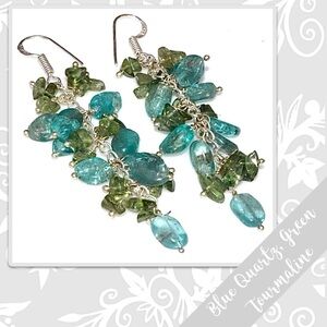 Blue Quartz, Green Tourmaline Eclectic Grapes-Style Silver Drop Dangle Earrings